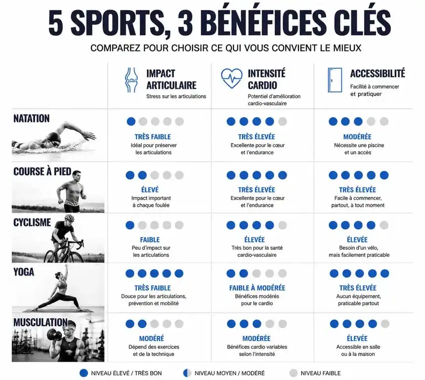 Infographie comparative des bénéfices des sports pour choisir le meilleur sport selon ses objectifs