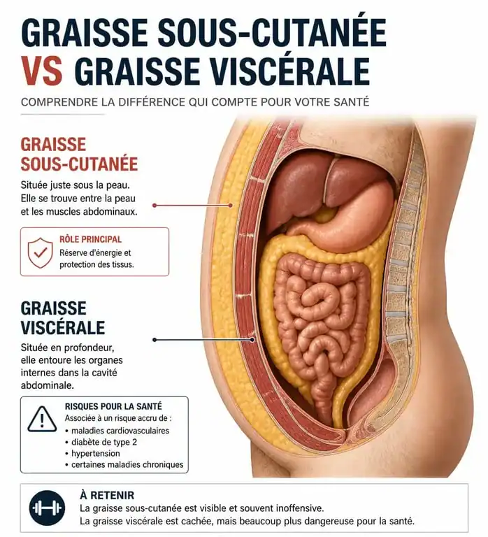 Schéma explicatif de la différence entre graisse viscérale et graisse sous-cutanée pour perdre du ventre et hanche