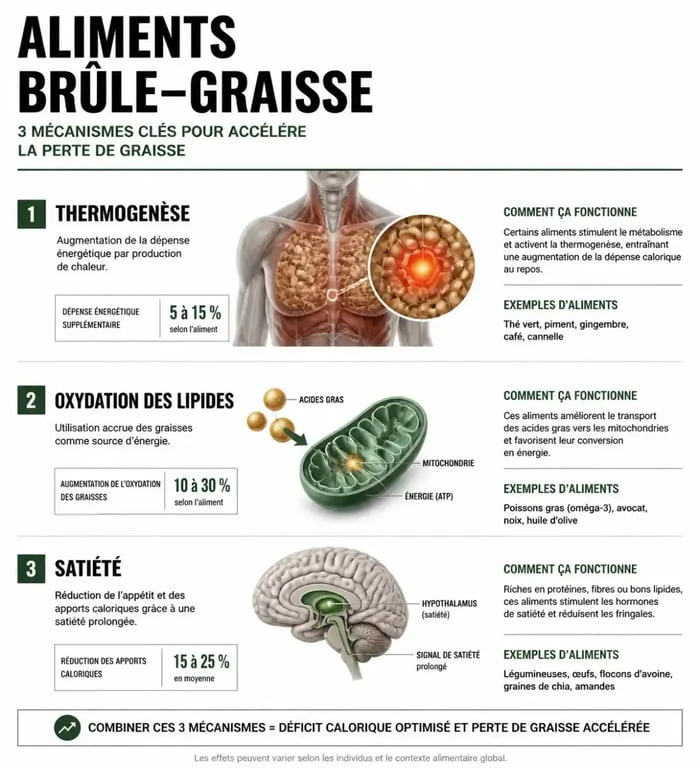 Infographie explicative des mécanismes des aliments brûle-graisse pour la perte de poids