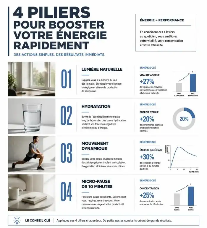 Infographie sur comment avoir de l'énergie rapidement avec des conseils naturels et efficaces pour booster son tonus.