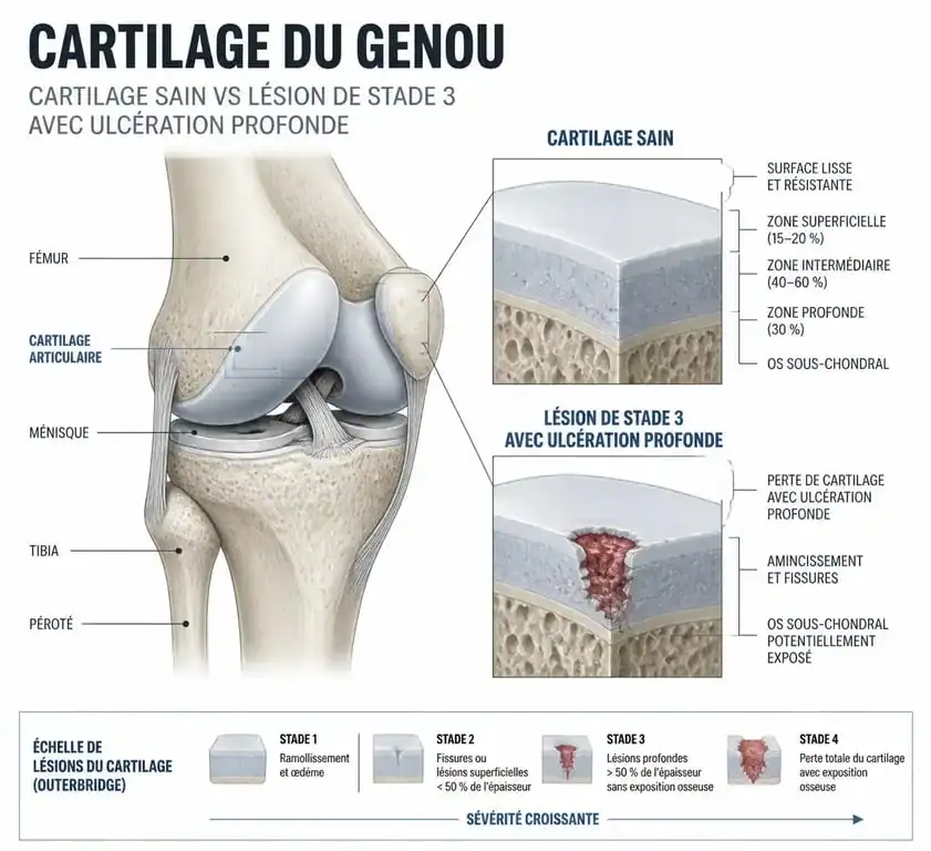 Schéma anatomique illustrant la chondropathie stade 3 du genou et l'usure du cartilage