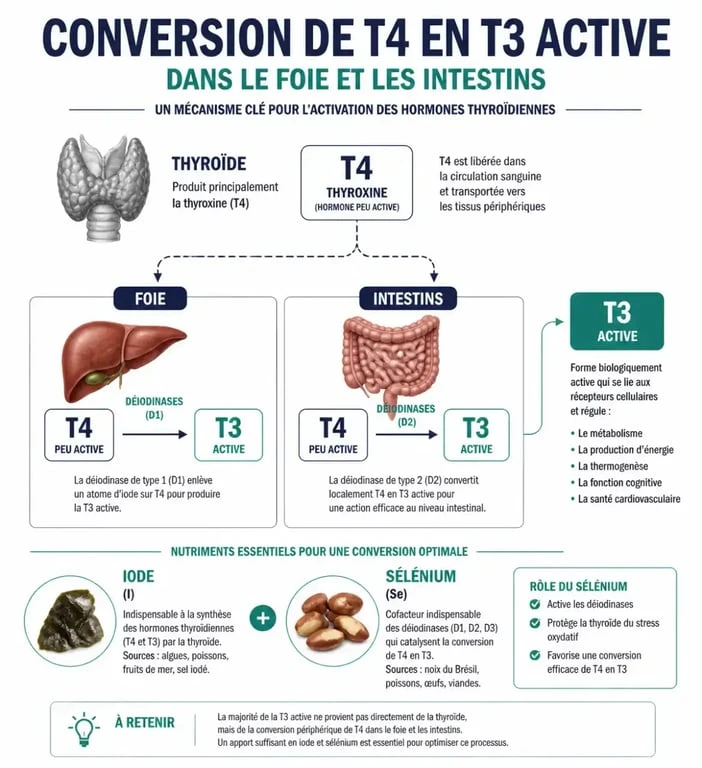 Schéma explicatif du fonctionnement de la thyroïde et de la conversion hormonale pour booster sa thyroïde pour maigrir
