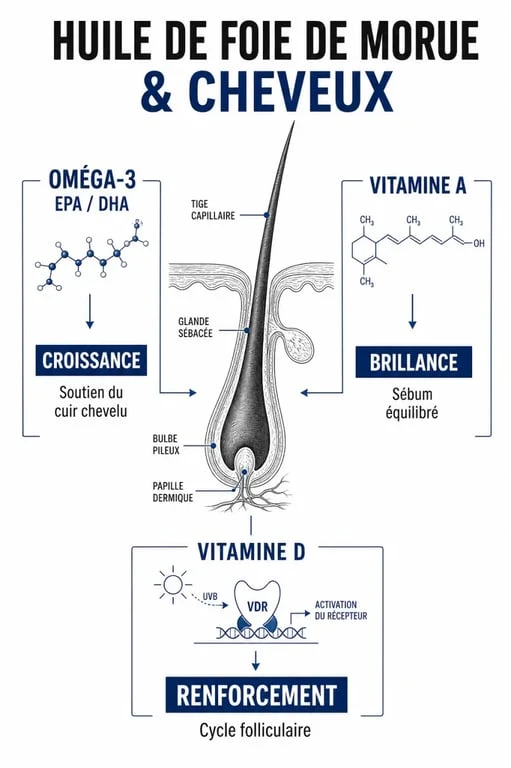 Infographie des bienfaits de l'huile de foie de morue pour la santé et la croissance des cheveux