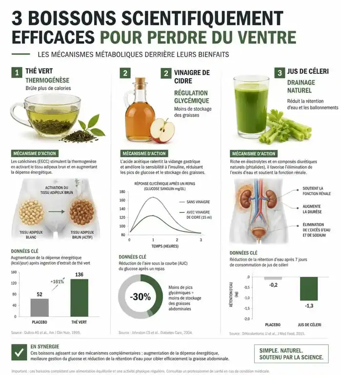 Infographie des bienfaits des boissons pour perdre du ventre et leurs effets sur le métabolisme