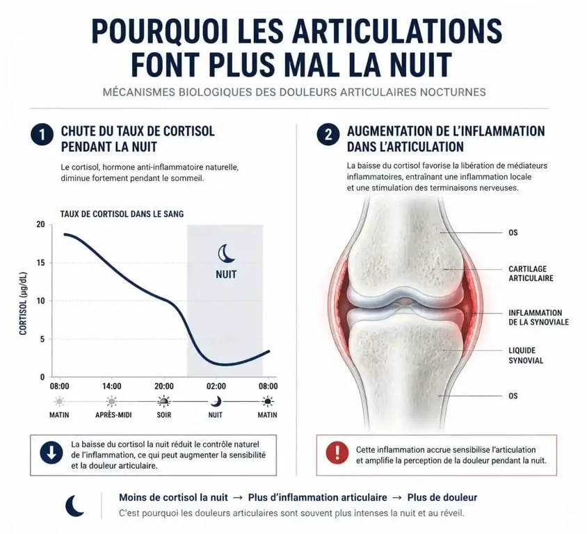 Schéma explicatif des causes physiologiques des douleurs articulaires la nuit et conseils pour les calmer