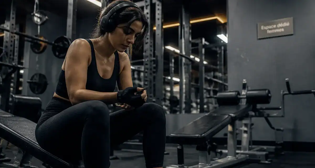 Femme salle de sport, entraînement serein en musculation