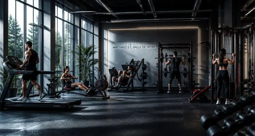 Machines de salle de sport alignées avec sportifs