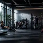 Machines de salle de sport alignées avec sportifs