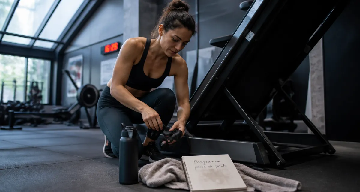 Maigrir par le sport programme : femme en salle, carnet “Programme perte de poids”