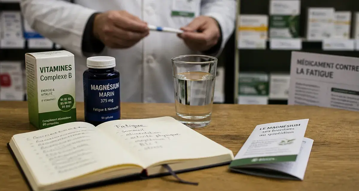 Medicament contre la fatigue : vitamines et magnésium sur un comptoir