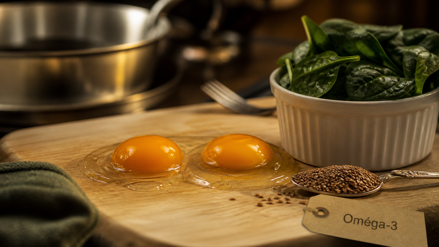 Omega 3 dans les oeufs : œufs, graines de lin et épinards