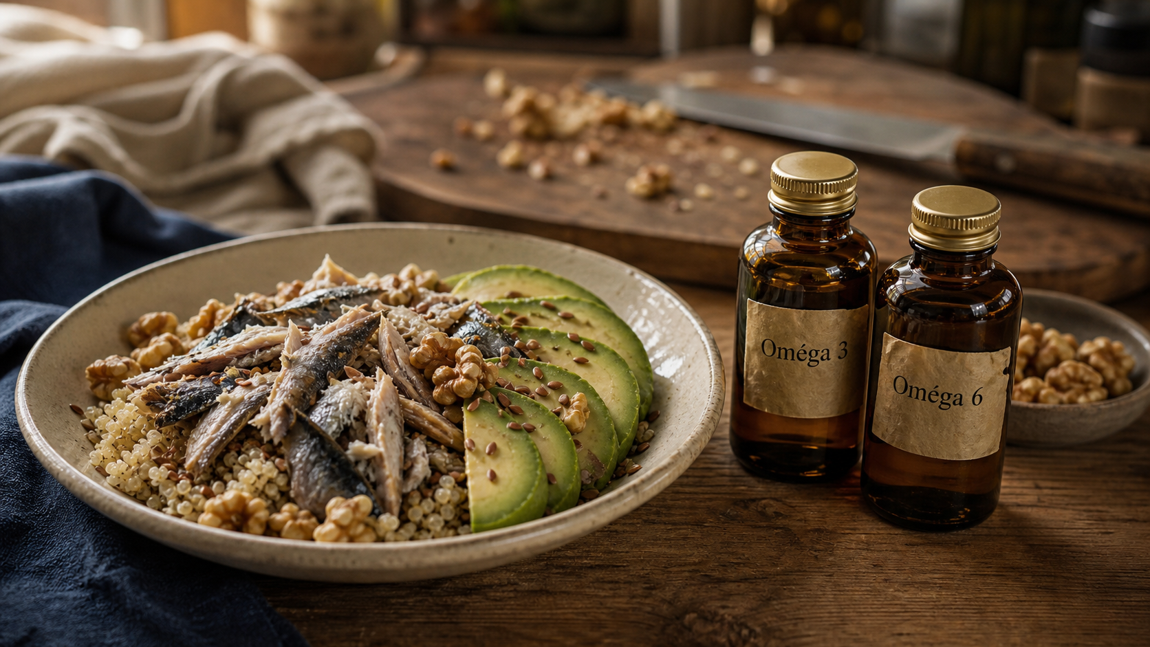 Omega 3 et 6, ratio 5 pour 1 : assiette avec maquereau et graines