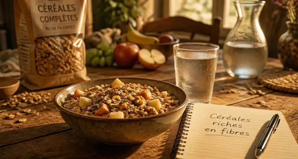 Bol de cereale riche en fibre avec fruits et noix