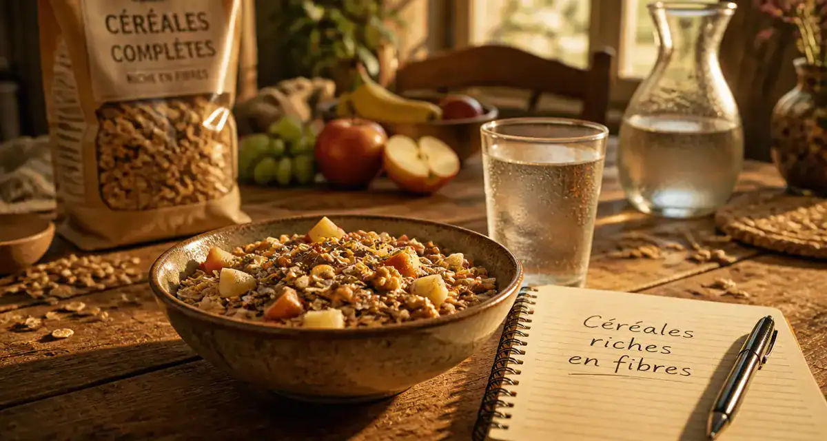 Bol de cereale riche en fibre avec fruits et noix