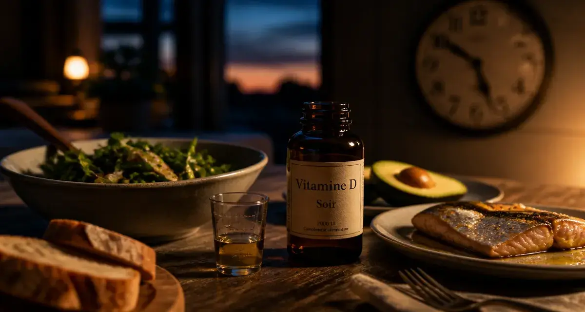 Pourquoi prendre la vitamine D le soir : bouteille D3 et dîner