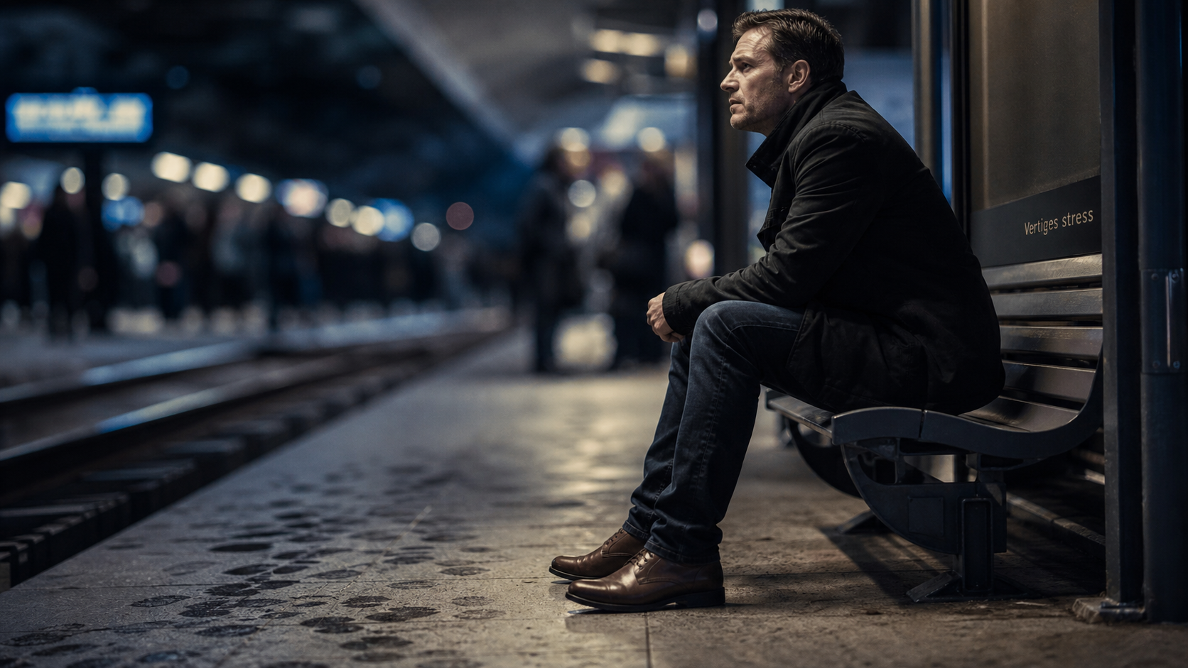 Stress vertige : personne assise en gare, regard vers l’horizon