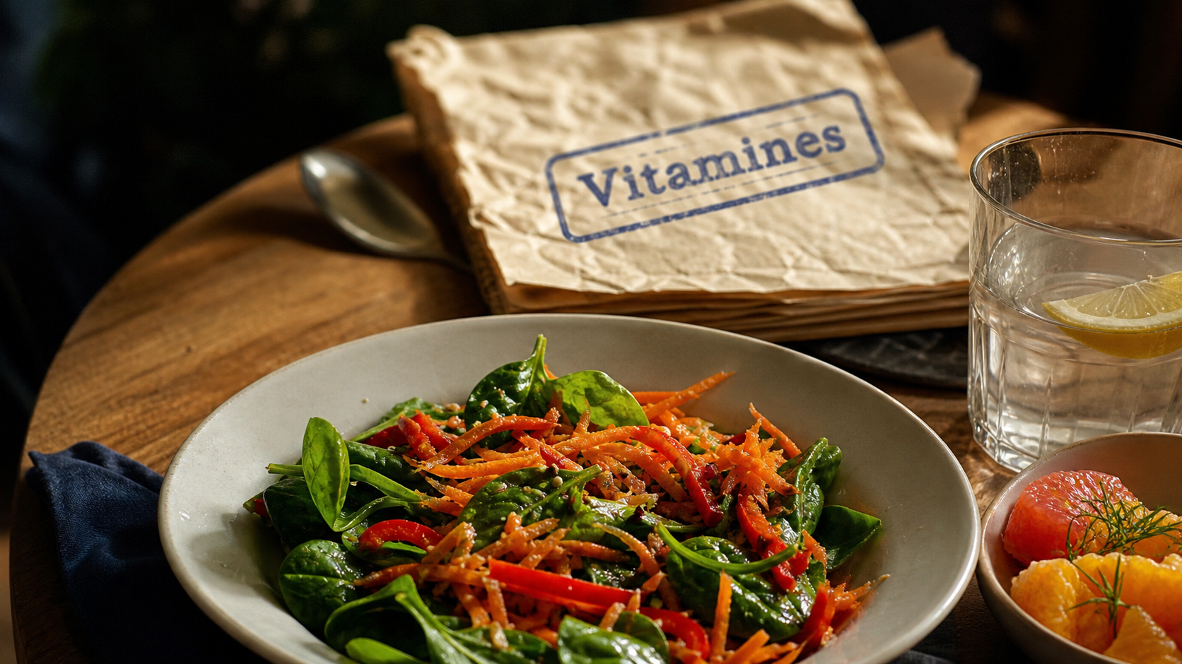 Tableau des vitamines et leurs fonctions : salade colorée riche en vitamines
