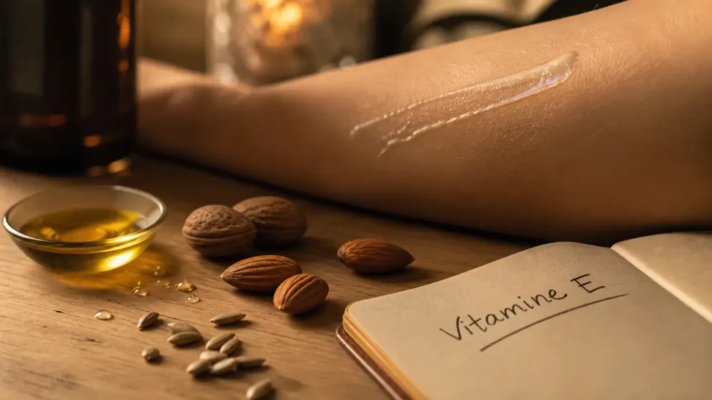 A quoi sert la vitamine E : protège la peau et les cellules, huile dorée et crème.