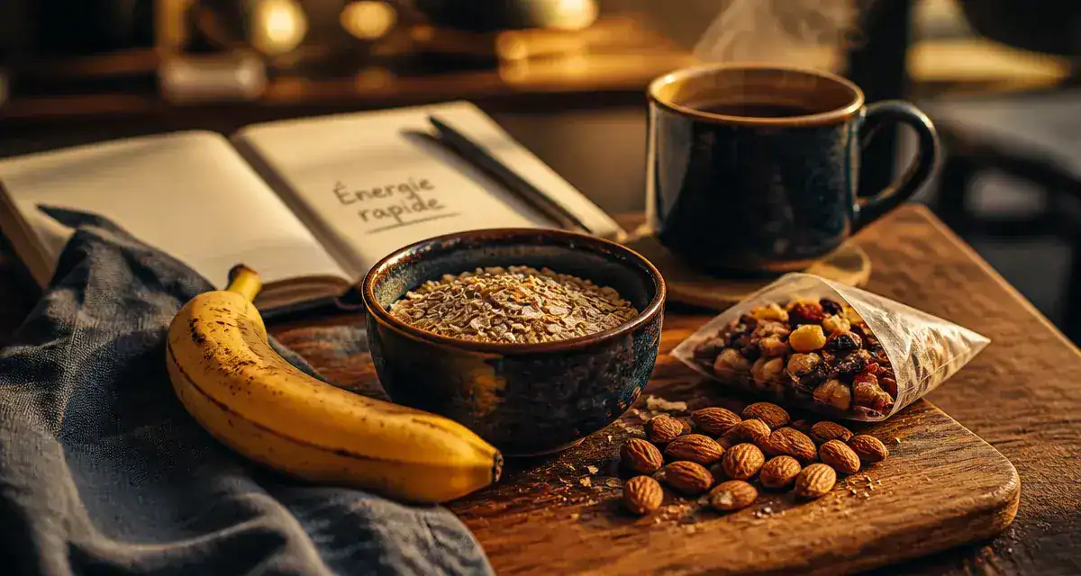 Banane et flocons d’avoine, aliment qui donne de l energie rapidement, avec fruits secs