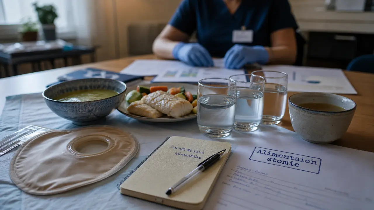 Aliments à éviter stomie : poche et repères alimentaires sur table