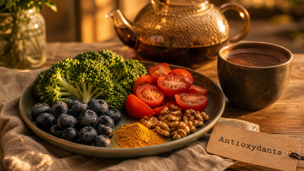 Aliments riches en antioxydants : assiette colorée myrtilles, brocoli, tomates