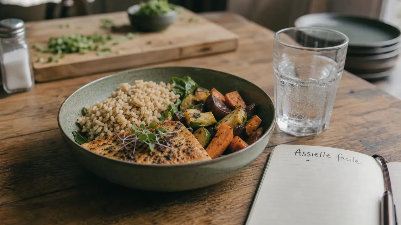 Comment faire un rééquilibrage alimentaire : assiette rassasiante, riz complet, légumes, poisson ou tofu