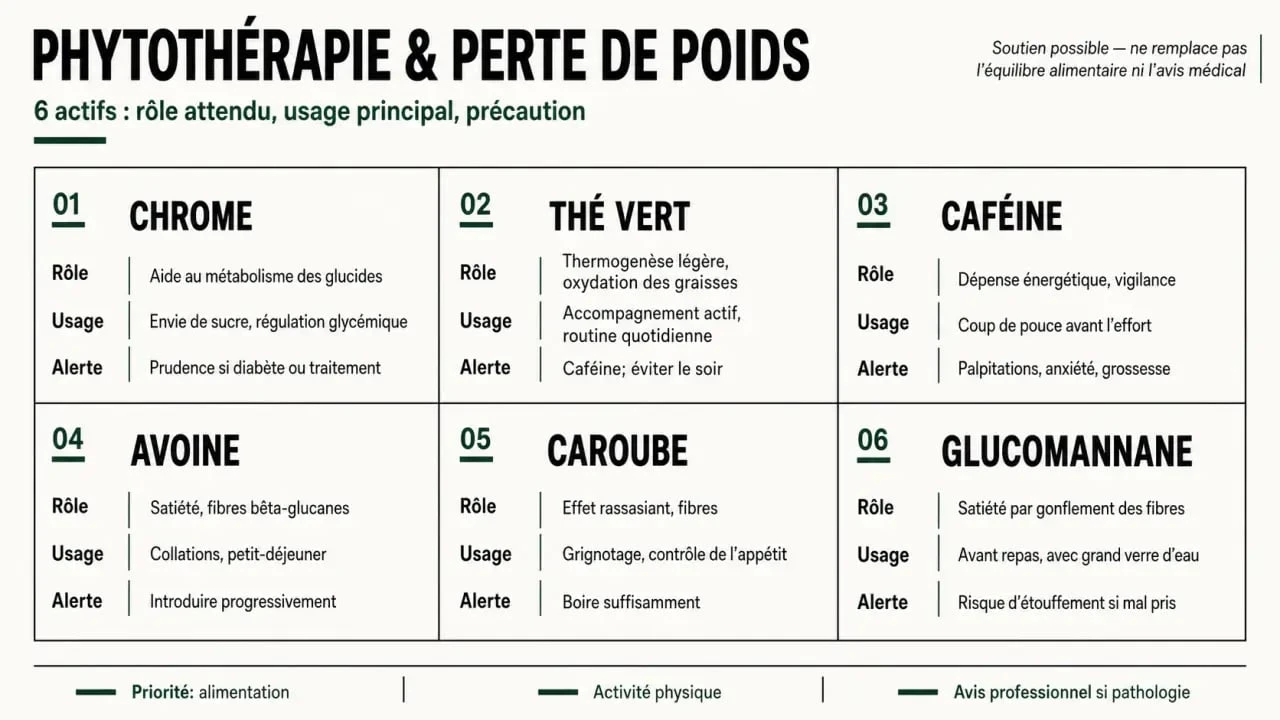 Infographie sur la gélule phytothérapie perte de poids avec comparaison des actifs chrome, thé vert, caféine, avoine, caroube et glucomannane