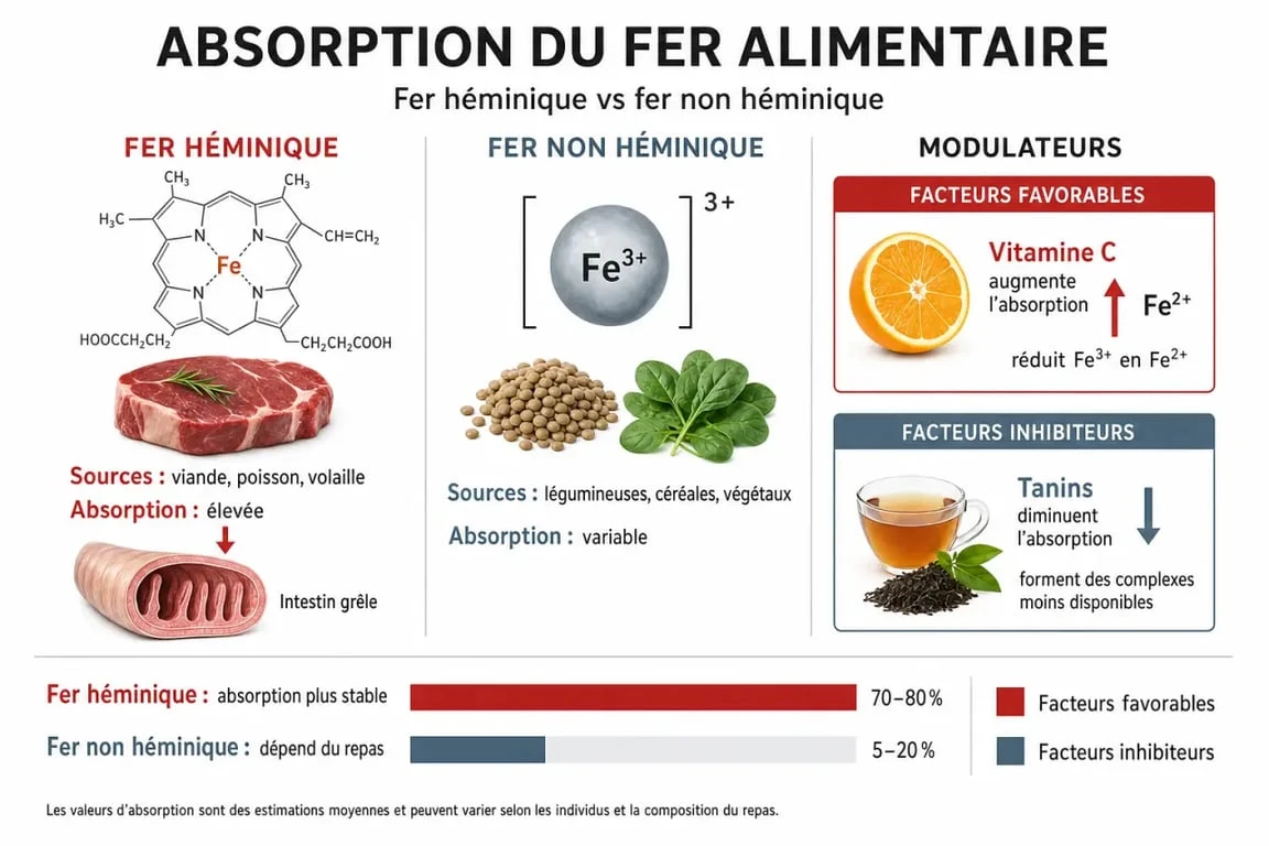 Infographie sur l'absorption du fer et les aliments riches en fer pour prévenir la carence