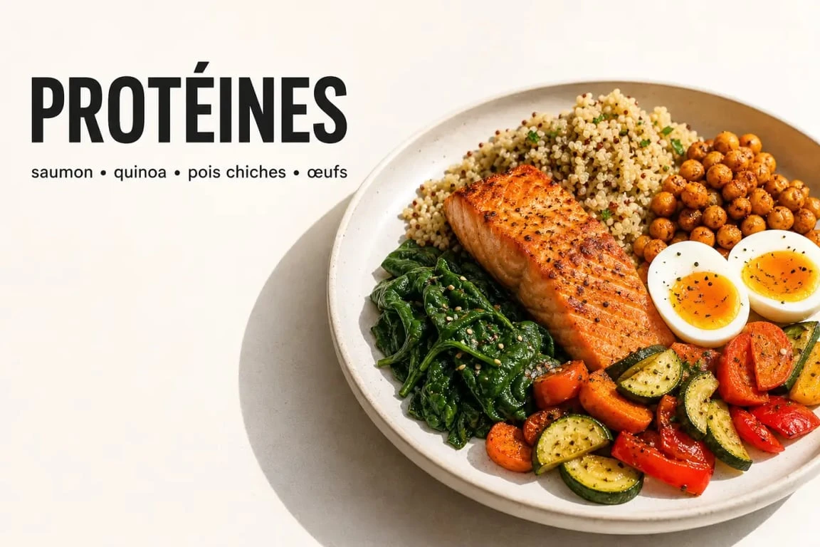 Repas riche en protéines avec saumon, quinoa, pois chiches et légumes