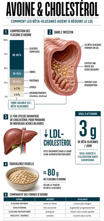 Infographie sur les flocon avoine et cholesterol, avec bêta-glucanes, LDL et portions recommandées