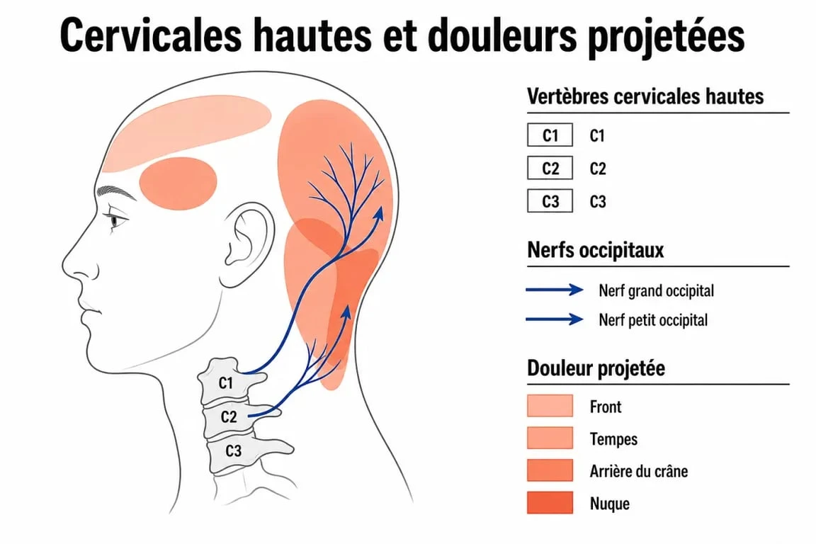 Schéma du lien entre maux de tête et cervicales avec les vertèbres C1 C2 C3 et les douleurs projetées vers le crâne