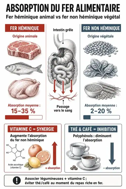 Infographie sur l'absorption du fer alimentaire et les aliments riches en fer
