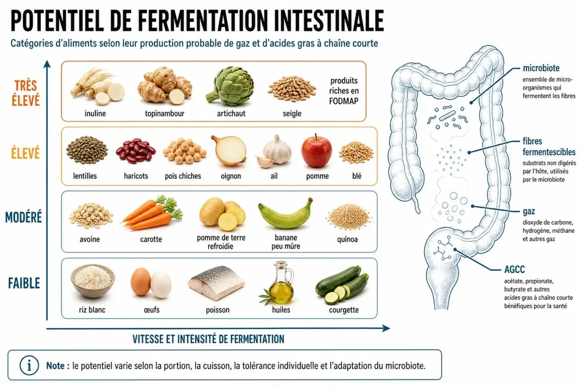 Infographie sur les aliments fermentescibles et les conseils pour éviter les flatulences