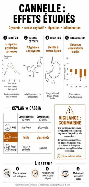 Infographie sur le bienfait de la cannelle : effets sur la glycémie, les antioxydants et la différence entre Ceylan et Cassia