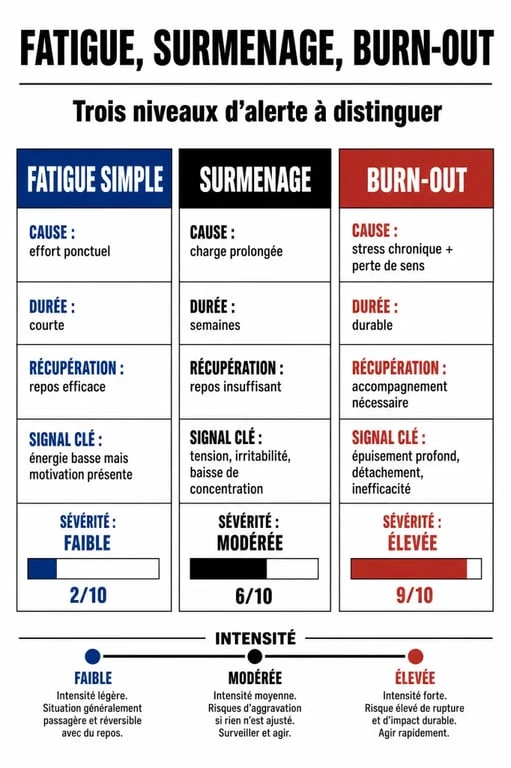 Infographie comparative des symptômes : fatigue simple, surmenage et burn-out pour identifier les signes de surmenage.