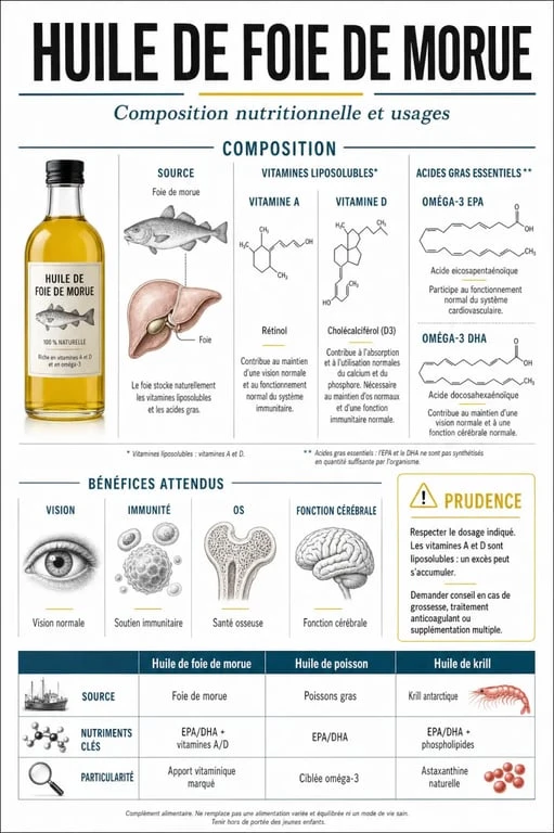 Infographie sur l’huile de foie de morue : vitamines A et D, oméga 3 et comparaison avec d’autres huiles