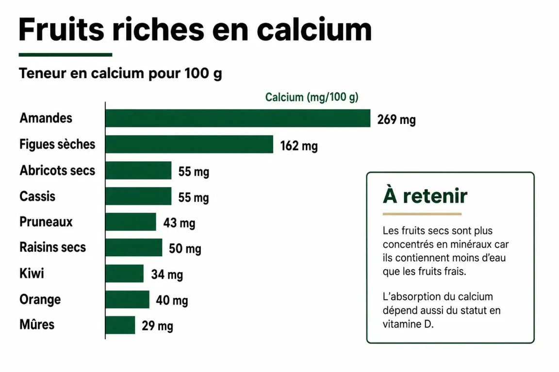 Les fruits riches en calcium comparés dans une infographie avec leurs teneurs pour 100 g