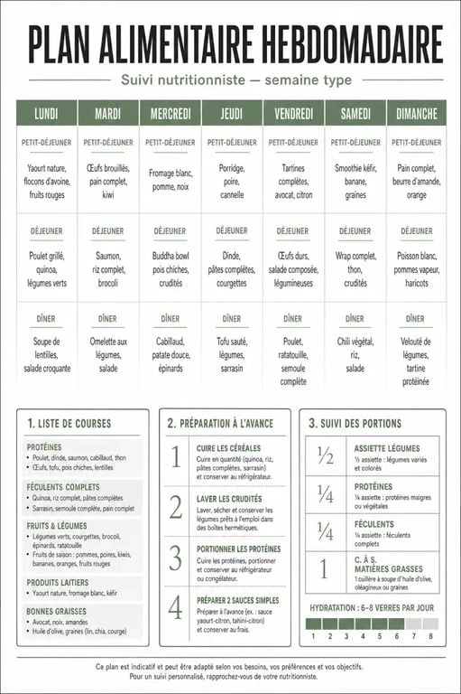 Plan alimentaire nutritionniste PDF illustré sous forme de semaine équilibrée avec menus types
