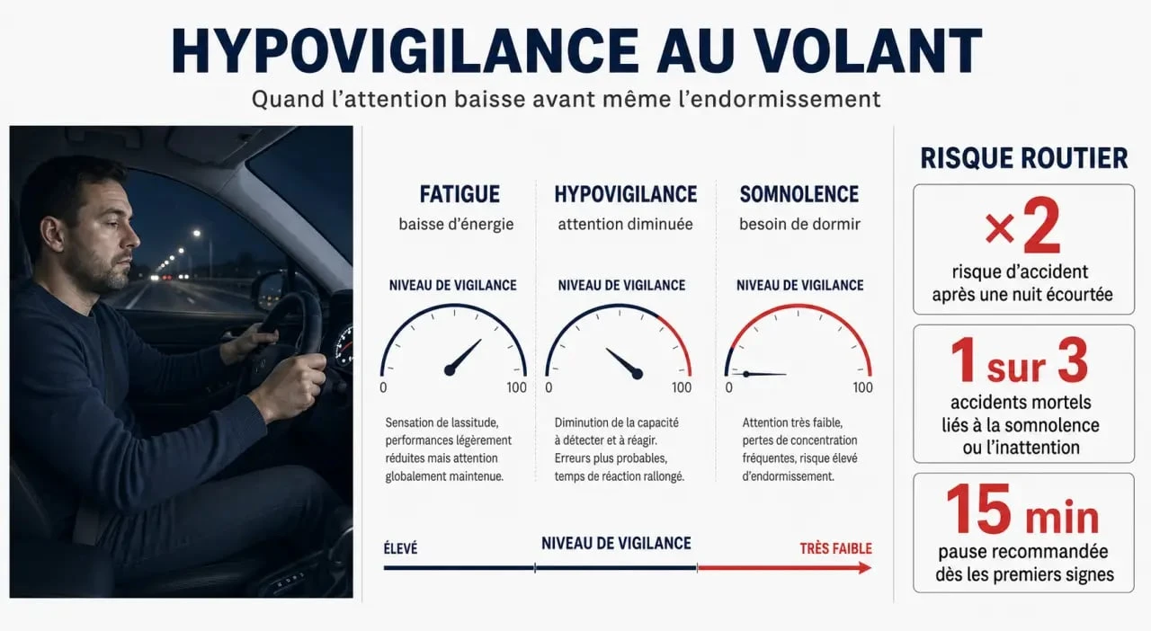 Infographie sur l’hypovigilance au volant : signes, causes et risques