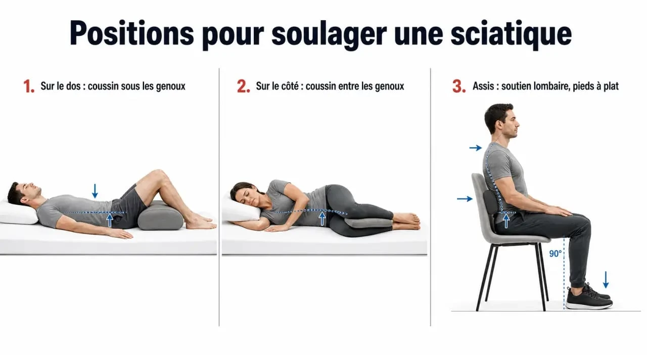 Positions pour soulager sciatique : dormir sur le dos avec coussin sous les genoux, sur le côté avec coussin entre les jambes et s’asseoir avec soutien lombaire