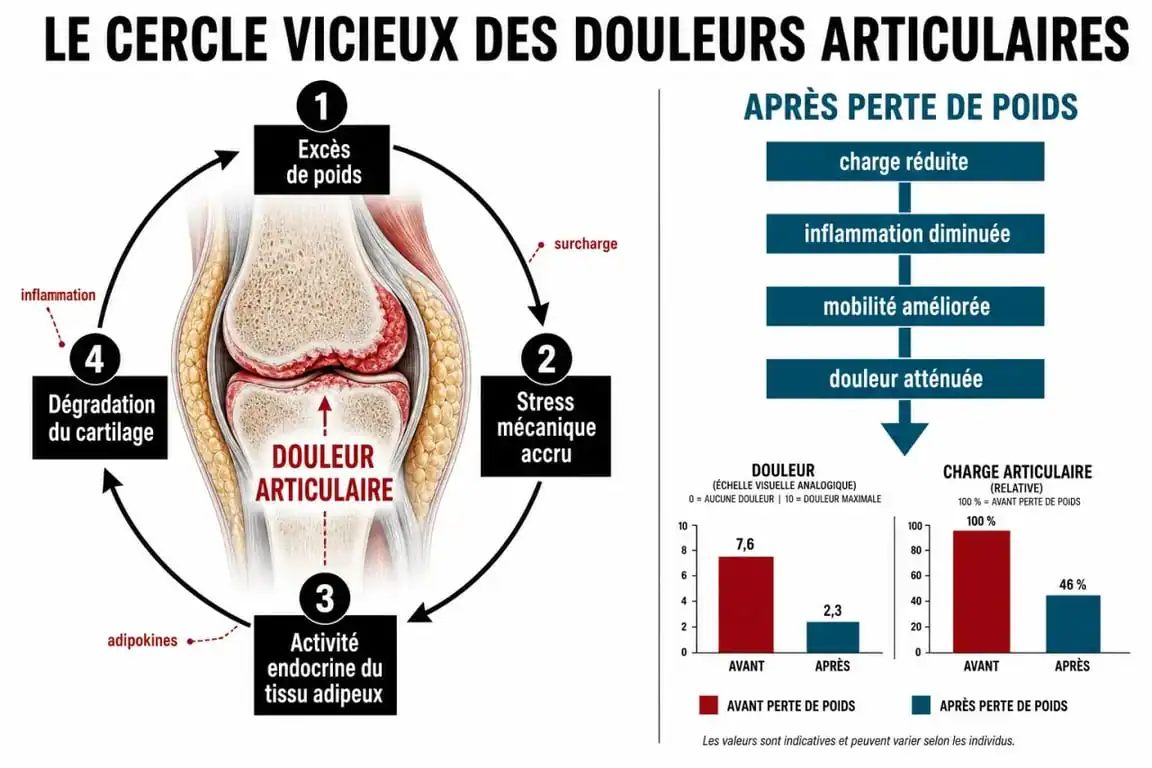Infographie illustrant le lien entre perte de poids et douleurs articulaires et arthrose