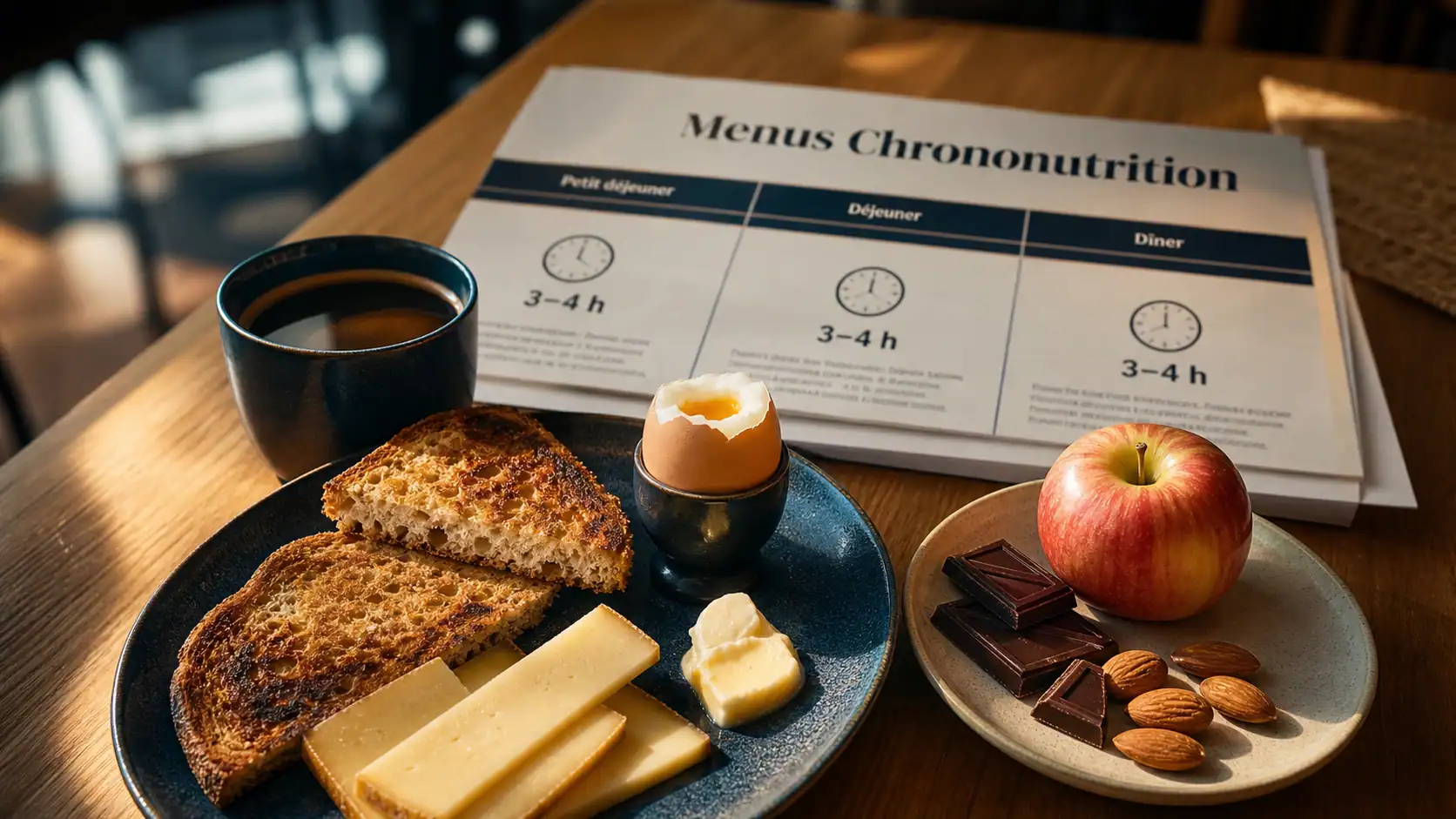 Exemple de menus chrononutrition : petit-déjeuner œuf à la coque, pain complet, café