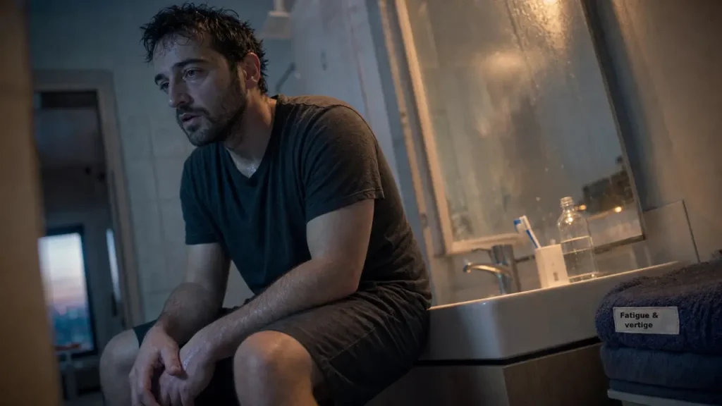 Fatigue vertige : homme en salle de bain, vertige et fatigue