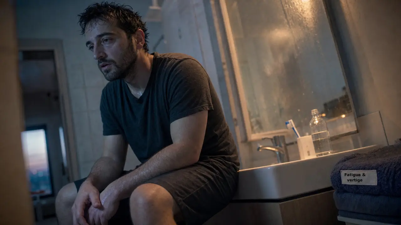 Fatigue vertige : homme en salle de bain, vertige et fatigue