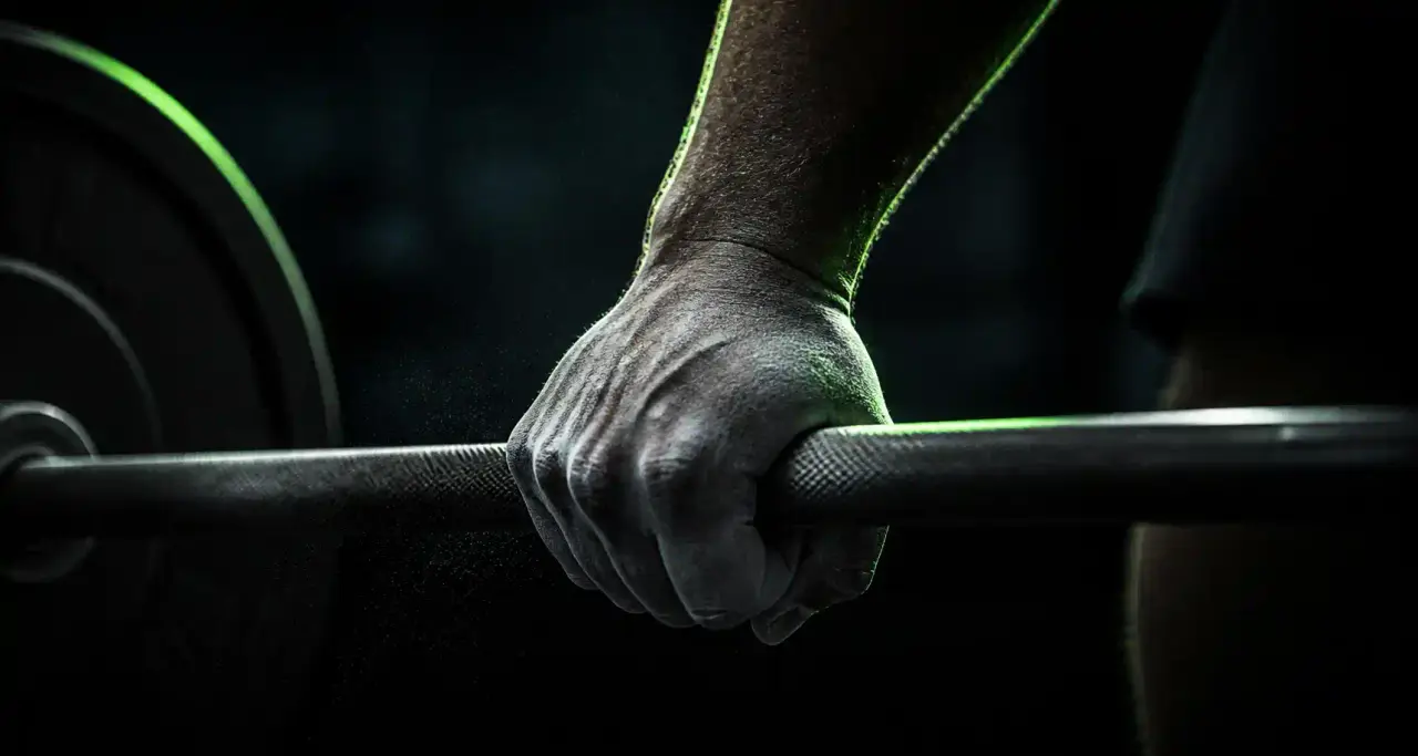 Main d'athlète sur une barre de musculation, symbole d'énergie et de récupération sportive