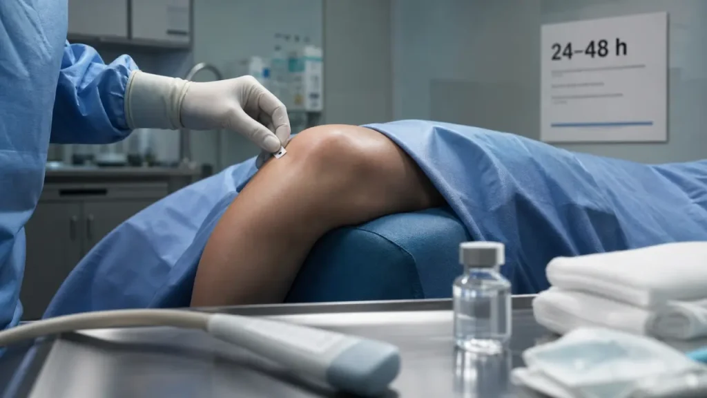Infiltration du genou : effet en 24 à 48 heures, pic entre 1 et 4 semaines, durée de plusieurs mois