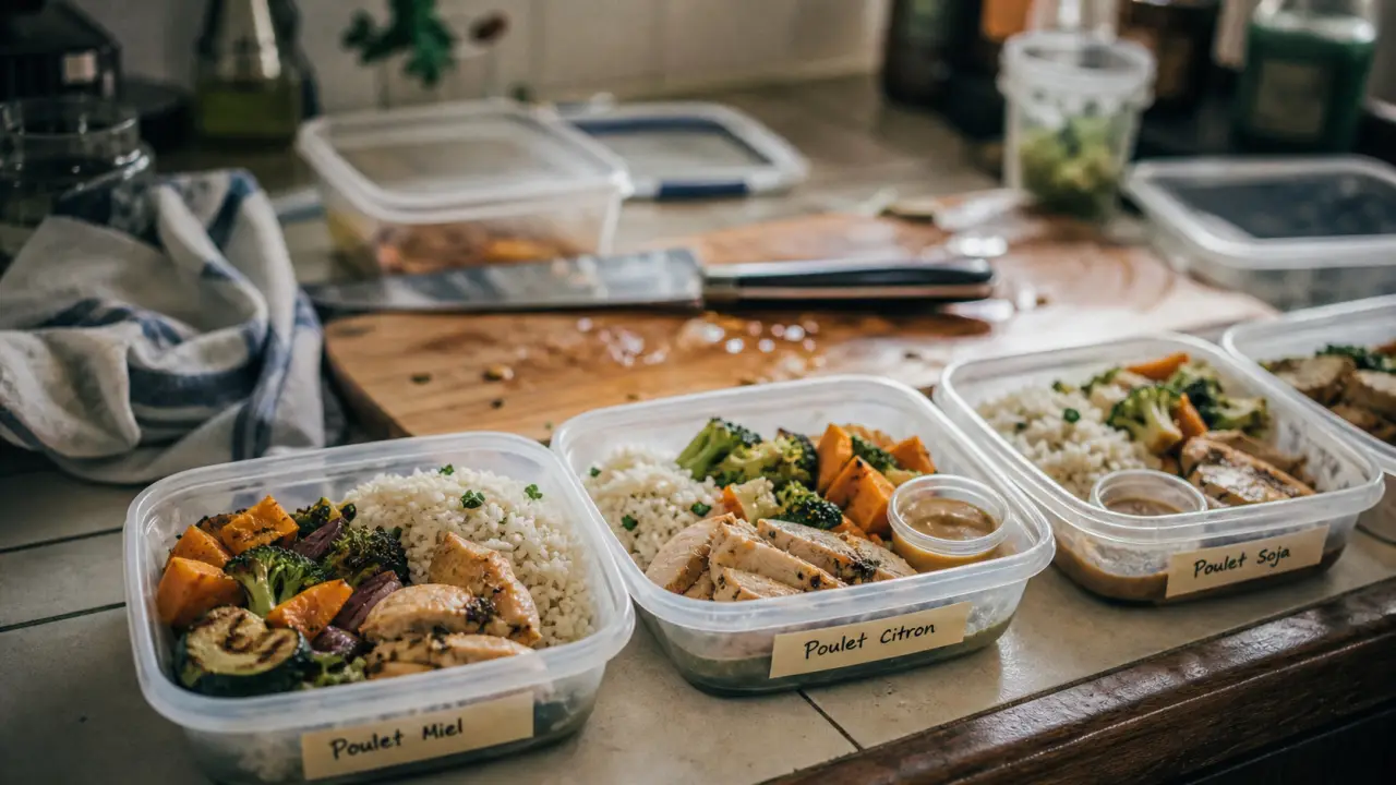 Meal prep sportif : boîtes repas deux fois par semaine, poulet riz légumes