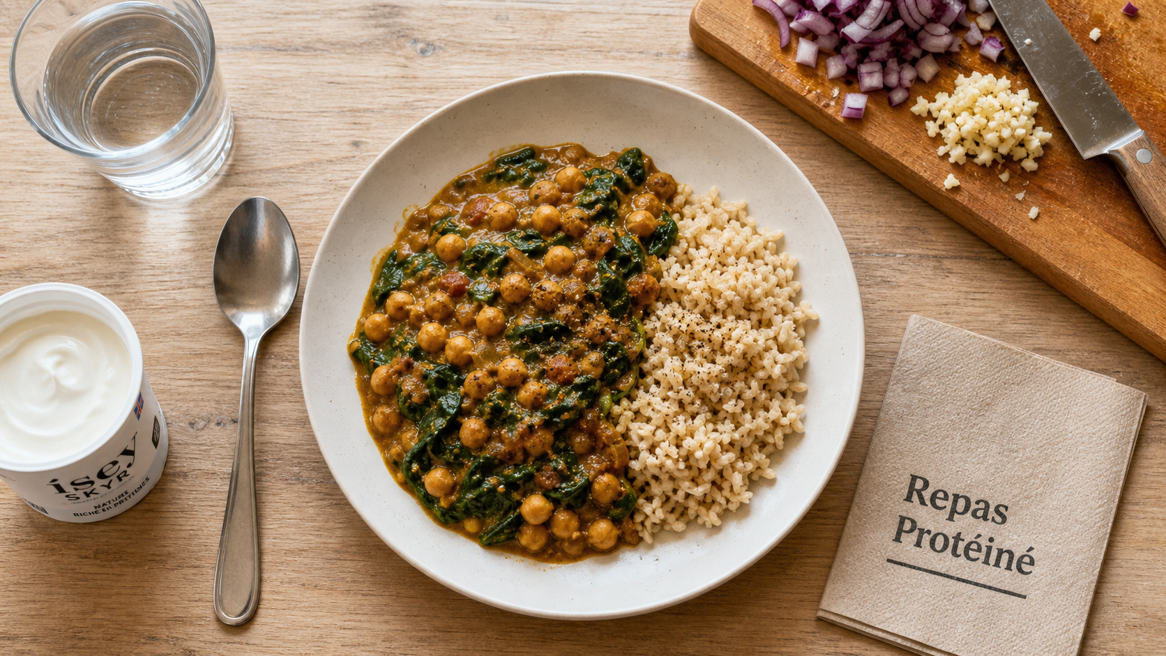 Repas riche en proteine : assiette 30 g protéines, curry de pois chiches et skyr