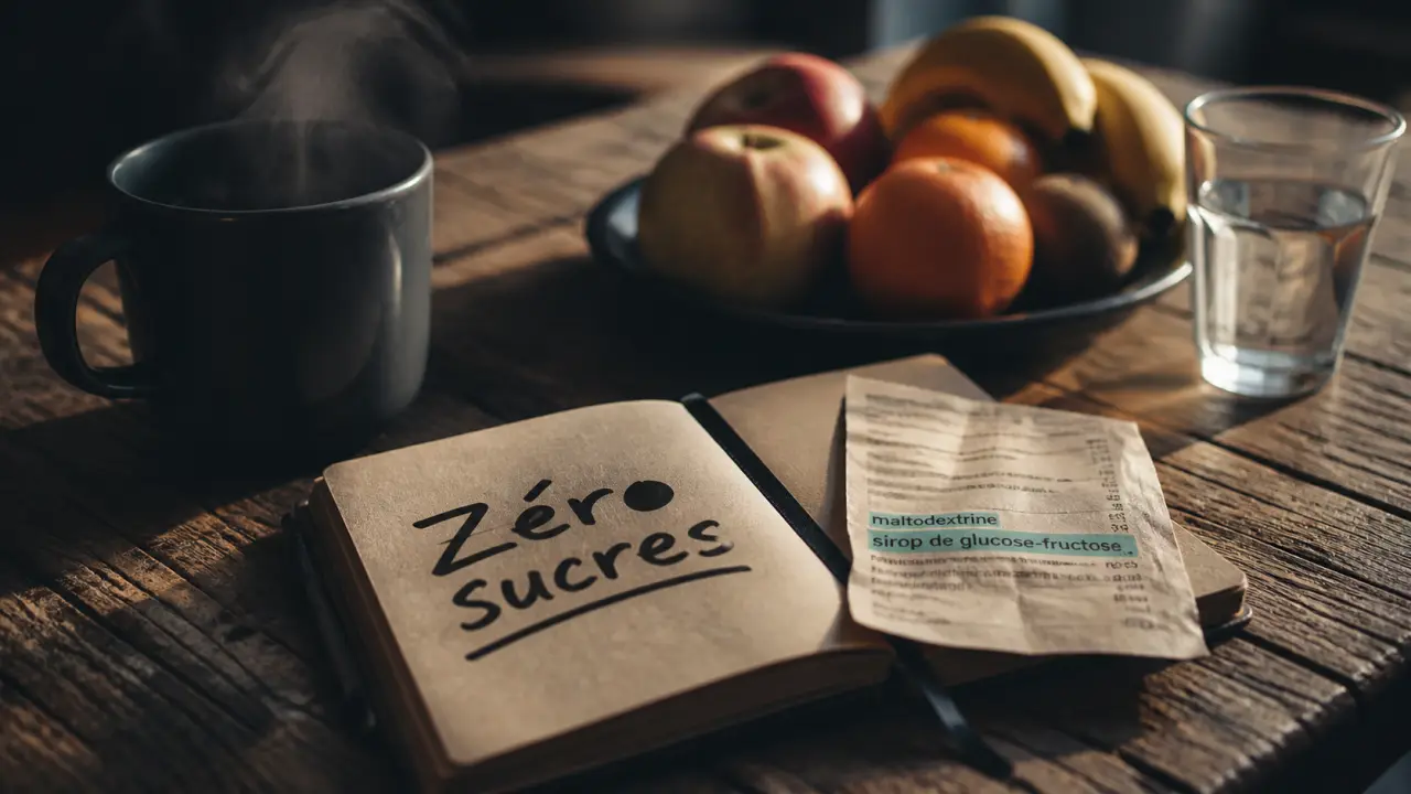 Alimentation sans sucre : carnet zéro sucres et tasse, énergie stable