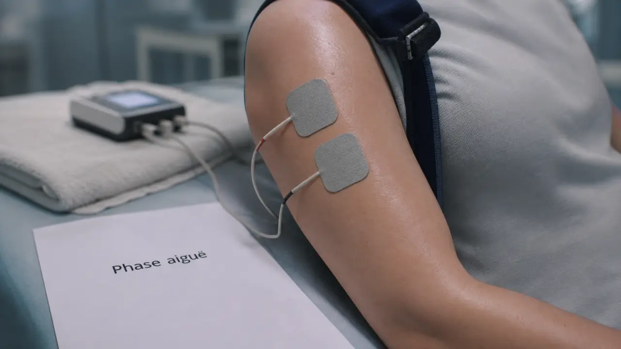Électrostimulation tendinite épaule en phase aiguë, électrodes sur épaule douloureuse